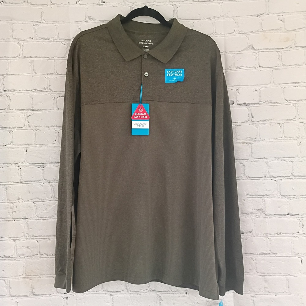 Haggar‎ Cool 18 Pro Mens XL Long Sleeve Polo Shirt Olive Green Performance NWT
